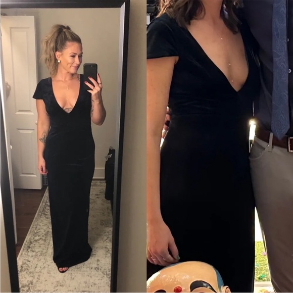 Navy Blue Velvet Deep V-Neck Cap-sleeve Maxi Dress 🌿 - Picture 8 of 12